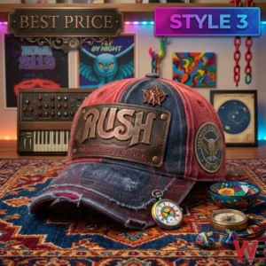 A red and blue split color Rush hat with a leather logo patch on a decorative rug with accessories!