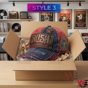 A split color red and blue Rush hat inside a cardboard shipping box in a room filled with records!