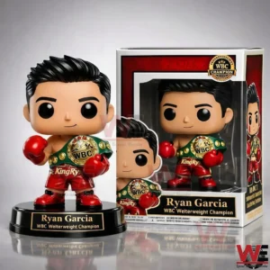 Ryan Garcia boxing vinyl figure with red gloves and a WBC style belt beside its retail box!