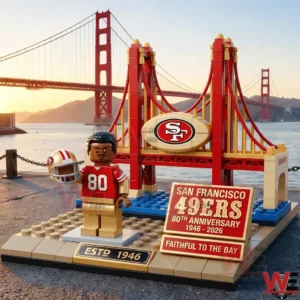 San Francisco Forty Niners themed Golden Gate Bridge building block display with player figure and team emblem!