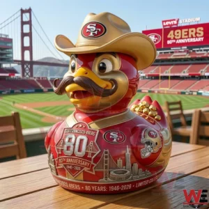 Red and gold anniversary duck at a stadium with a cowboy hat!