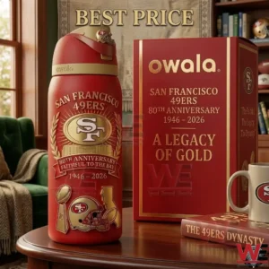A commemorative red and gold San Francisco 49ers Owala bottle and its collector box on a table!