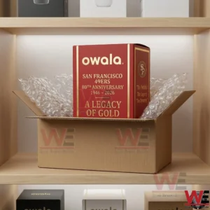 A red 49ers anniversary box packed inside a shipping carton with bubble wrap on a retail shelf!