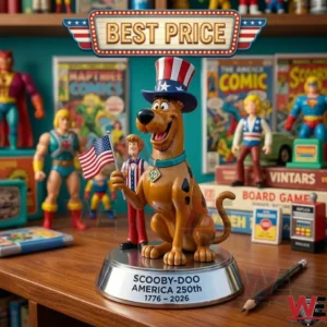 Scooby Doo in an Uncle Sam hat holding a US flag with Shaggy behind him on a silver stand!