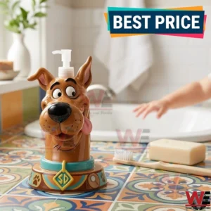 Brown Scooby Doo soap dispenser on blue and orange patterned tiles.