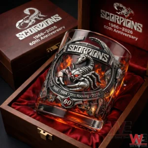 Scorpions 60th anniversary whiskey glass in a wooden gift box with red velvet lining