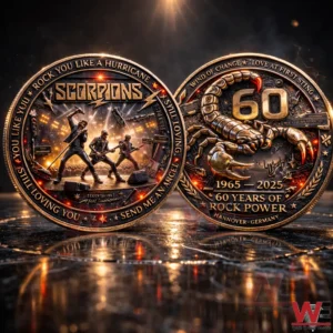 Two sided Scorpions anniversary coin showing a band performance scene and a scorpion emblem!
