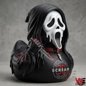 Black horror themed rubber duck with white ghost mask and knife!