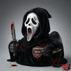 Black hooded Ghostface style duck figure holding a bloody knife!