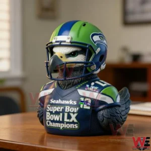 Seahawks eagle mascot collectible wearing a football helmet and champion jersey!
