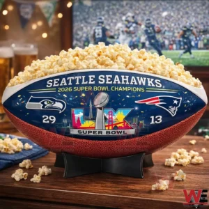 Football shaped popcorn bowl with Seattle Seahawks Super Bowl champions design on a stand!