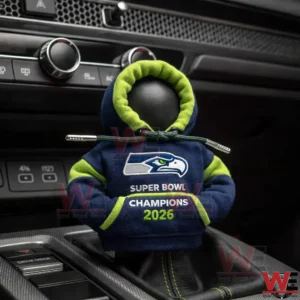 Seahawks Super Bowl Champions 2026 mini hoodie on a car gear shift!