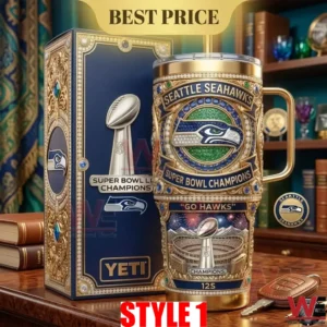 Luxury gold and blue Seattle Seahawks commemorative tumbler with a matching decorative box!