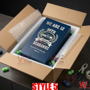 Packaging setup for a Seattle Seahawks anniversary box with protective foam!