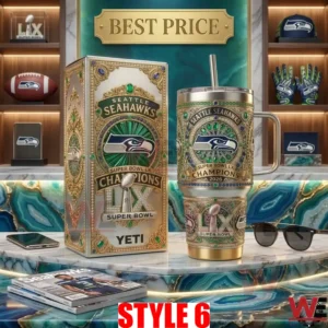 Luxury silver and emerald green Seattle Seahawks Super Bowl LX commemorative tumbler with a matching ornate box!