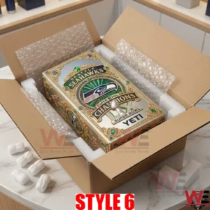 Packaging of an ornate silver Seattle Seahawks championship box inside a shipping container with protective materials!