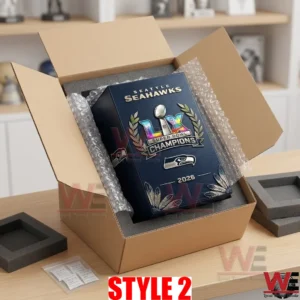 Open shipping box revealing a blue Seattle Seahawks 2026 championship box!