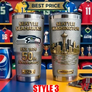 Pair of silver 50th anniversary Seattle Seahawks tumblers with skyline and team logos!