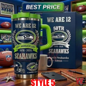 Blue Seattle Seahawks 50th anniversary tumbler with green accents and a matching box!