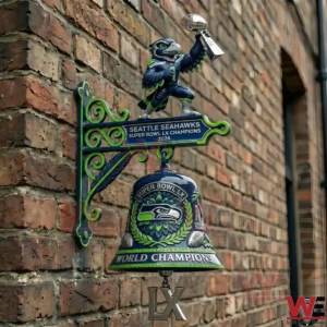 Seattle Seahawks themed wall mounted bell with hawk mascot holding a trophy!