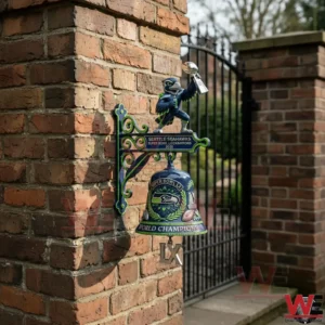 Seattle Seahawks wall mounted bell on a brick pillar by a metal gate!