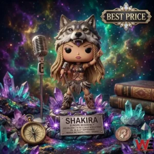 A collectible figure of Shakira with a wolf head hat on a crystal base! The base has a nameplate for her world tour! Items like a microphone a compass and a coin are on the ground! The background is a colorful galaxy!