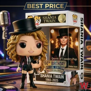 A Shania Twain collectible figure and its special edition 60th birthday box on a desk with music records.