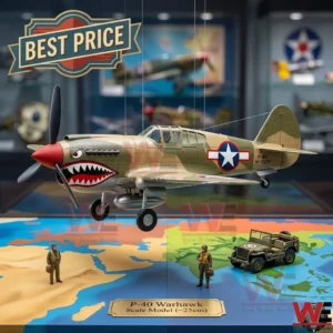 A camouflage P 40 Warhawk model plane hanging over a world map with tiny soldiers and a jeep!