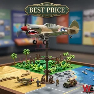 A military model plane on a compass stand inside a detailed diorama of a tropical island base!