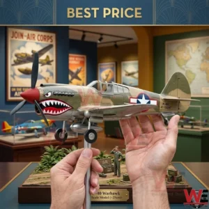 Hands holding a P 40 Warhawk model plane in front of vintage airplane posters and a small diorama!