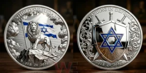 Two sided commemorative coin with a lion and Israeli flag plus a shield with a six pointed star and swords!