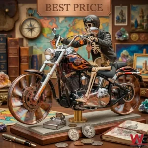 A detailed model of a skeleton in a leather jacket riding a flame patterned motorcycle on a wooden desk! The background includes a world map and various vintage collectibles like coins and a compass!