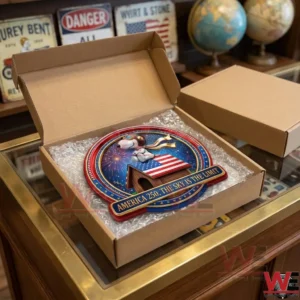 Snoopy badge in a shipping box.
