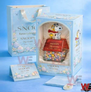 Snoopy seventy five years Easter candy jar gift set in pastel blue packaging!