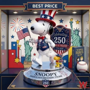 Snoopy in an Uncle Sam outfit holding a flag on a silver stand next to Woodstock!