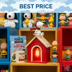 A red lamp shaped like a house with a dog on the roof! The light is turned on! There are books and toys on the shelves!