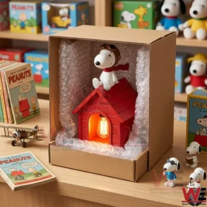 Snoopy Flying Ace Doghouse Garden Lantern 3 A red lamp in a brown box with bubble wrap! A toy plane and books are on the wooden surface!