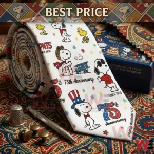 A white Peanuts 75th Anniversary necktie displayed with a blue gift box thimble buttons and a pen on a patterned carpet!