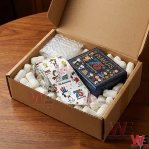 A shipping box containing a white Peanuts necktie and a blue collector box cushioned by foam packing peanuts!
