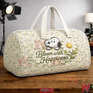 Light floral Snoopy duffel bag with daisy pattern and happiness message!