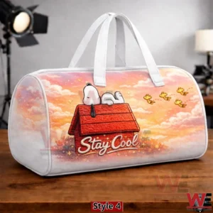 Pastel Snoopy duffel bag with red doghouse and flying Woodstock birds!