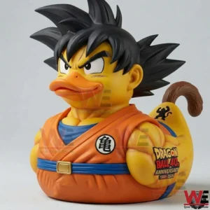 Dragon Ball inspired rubber duck with spiky black hair and orange outfit on a white background!