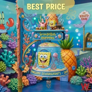 A decorative blue bell featuring SpongeBob and Patrick mounted on a post in a cartoon underwater setting!