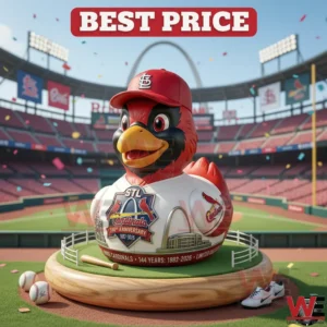 St. Louis Cardinals 144th Anniversary Rubber Duck 3 Cardinals anniversary bird collectible on a display base inside a baseball stadium!