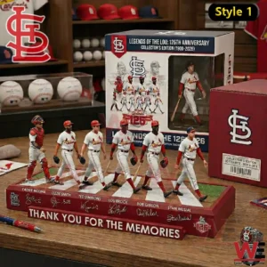 St Louis Cardinals legends figurines walking in a line on a display base with a collector box behind!