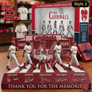 St. Louis Cardinals Legends Collector Statue Display 8 Cardinals legends figurines walking across a striped base in front of a large themed display backdrop and gift box!