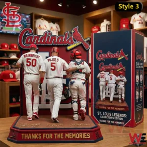 St. Louis Cardinals Legends Collector Statue Display 9 Three Cardinals player figurines seen from behind walking forward on a display base beside a large collector box!