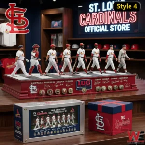 St. Louis Cardinals Legends Collector Statue Display 10 Long lineup of Cardinals legends figurines walking on a wide display base with matching collector boxes in a team store setting!
