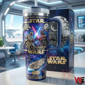 Space themed tumbler with sci fi battle art beside matching box!