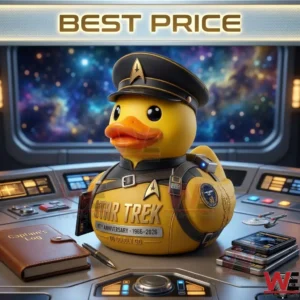 A Star Trek themed rubber duck collectible sitting on a starship bridge console!